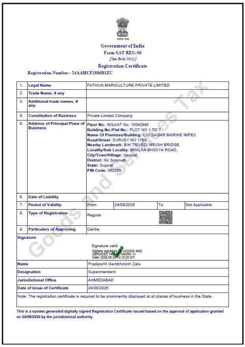 FATHUN Mariculture Pvt Ltd GSTIN Certificate