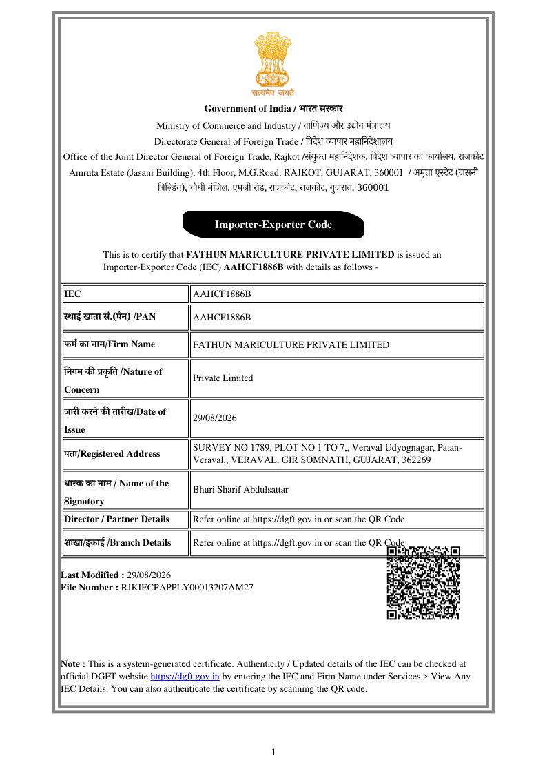 FATHUN Mariculture Pvt Ltd Import Export Certificate