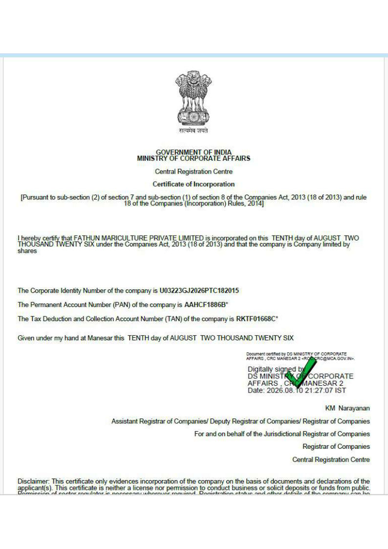 FATHUN Mariculture Pvt Ltd Company Registration Certificate