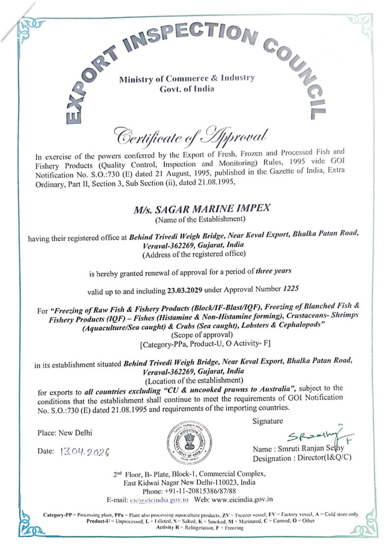 Sagar Marine Impex Export Inspection Council Certificate