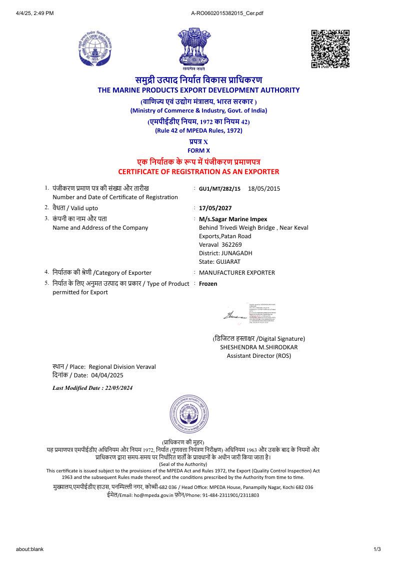 Sagar Marine Impex MPEDA Exporter Certificate